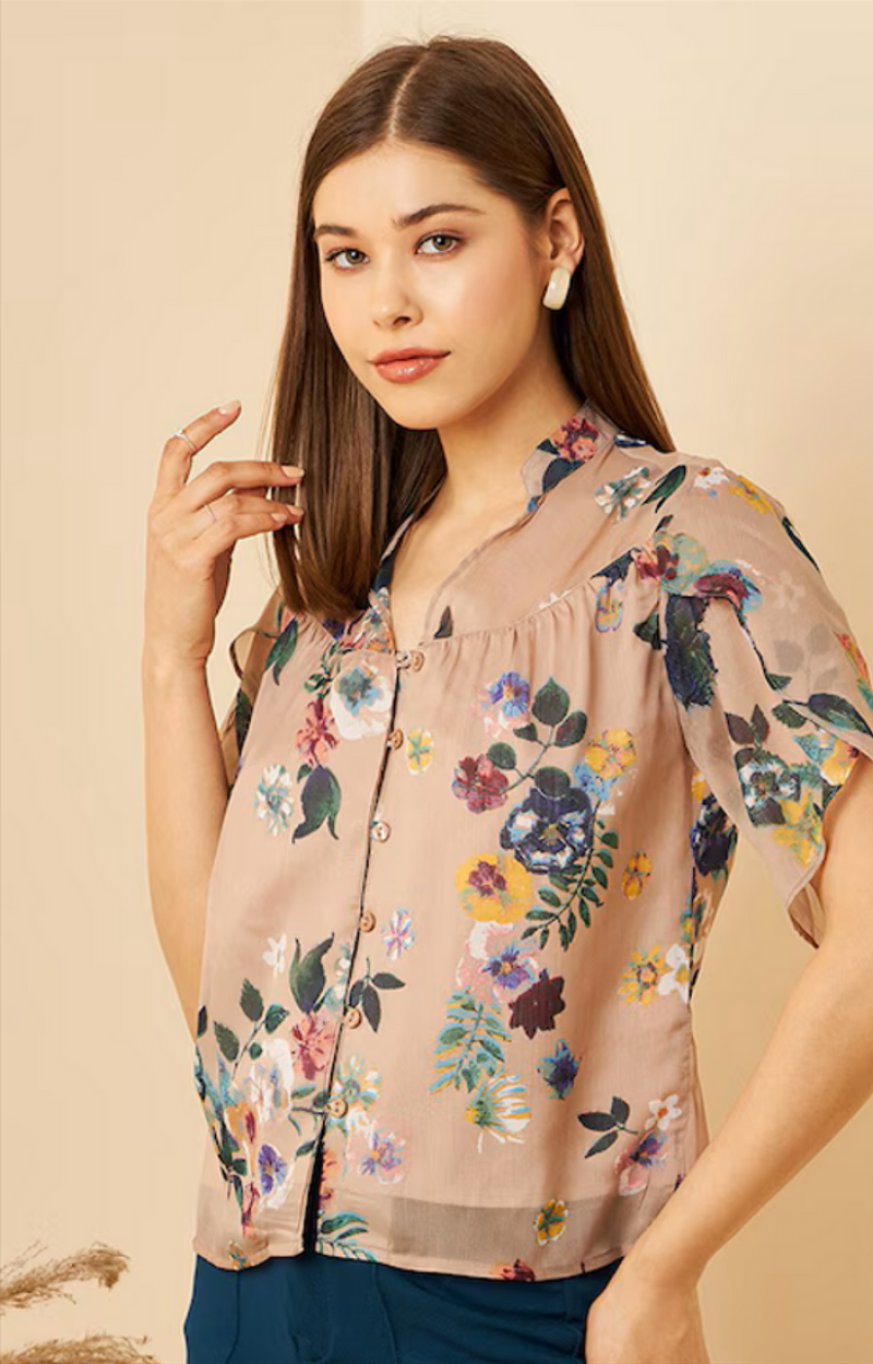 Beige Floral Print Petal Sleeves Shirt Style Top