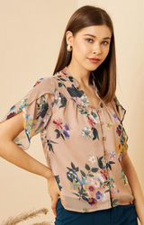 Beige Floral Print Petal Sleeves Shirt Style Top