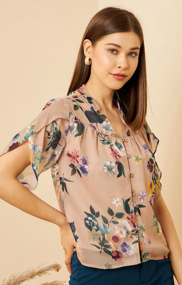 Beige Floral Print Petal Sleeves Shirt Style Top