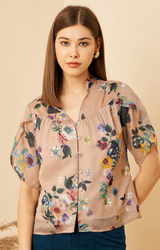 Beige Floral Print Petal Sleeves Shirt Style Top