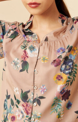 Beige Floral Print Petal Sleeves Shirt Style Top